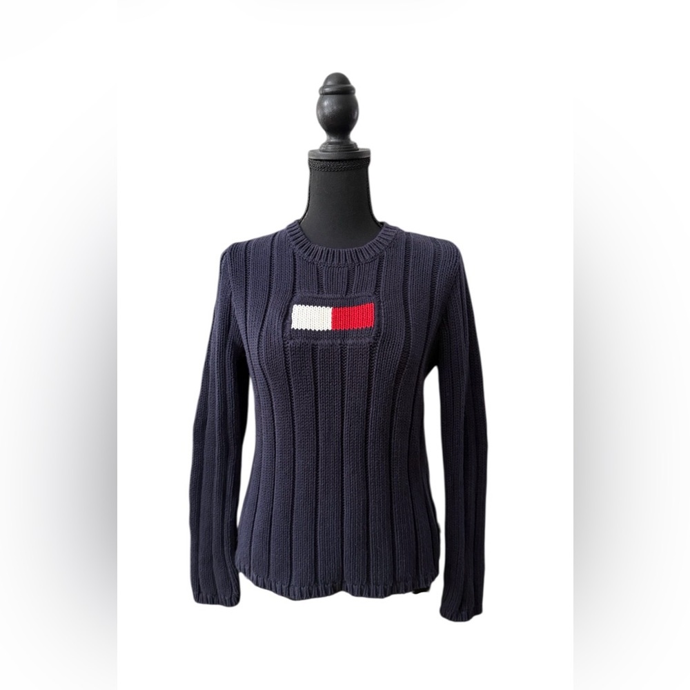 Tommy Hilfiger Navy Blue Sweater with a Maritime Flag Accent Iconic Logo